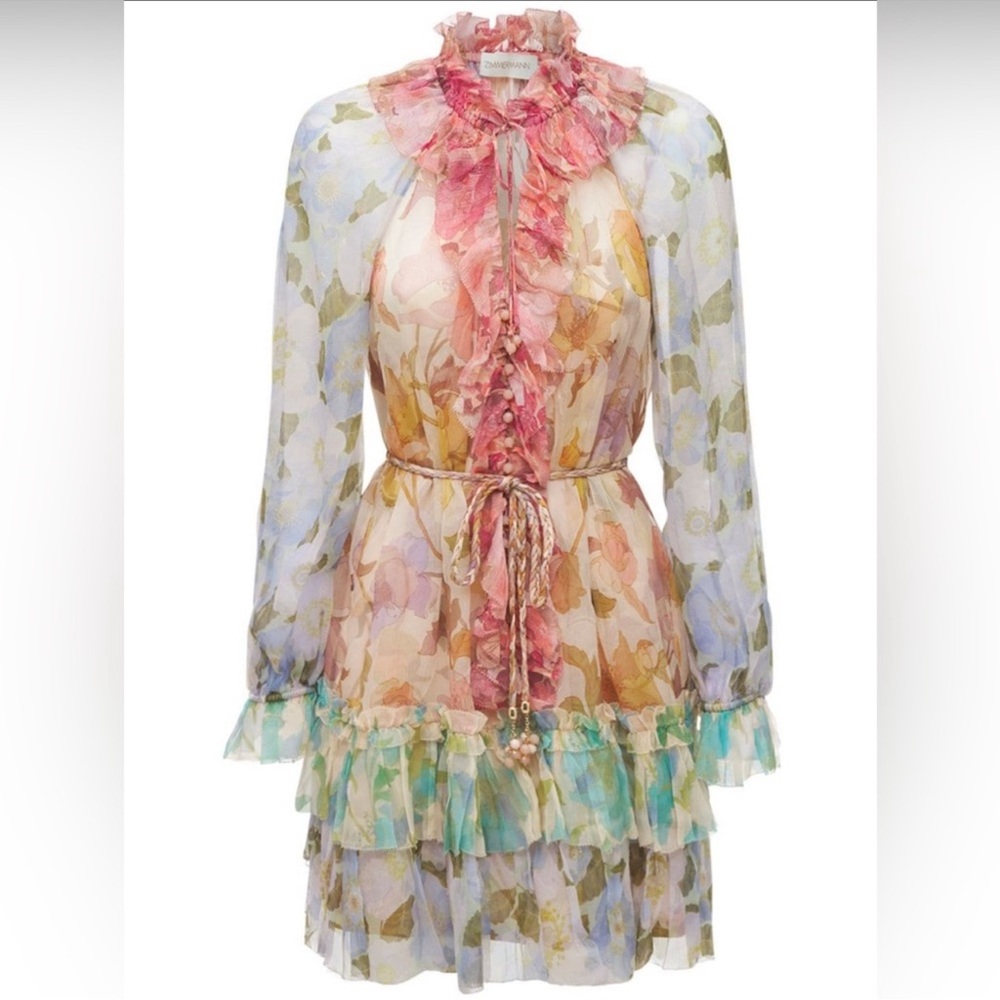 Zimmermann NWT tempo AU 0 Floral Chiffon Dress with Ruffle Details